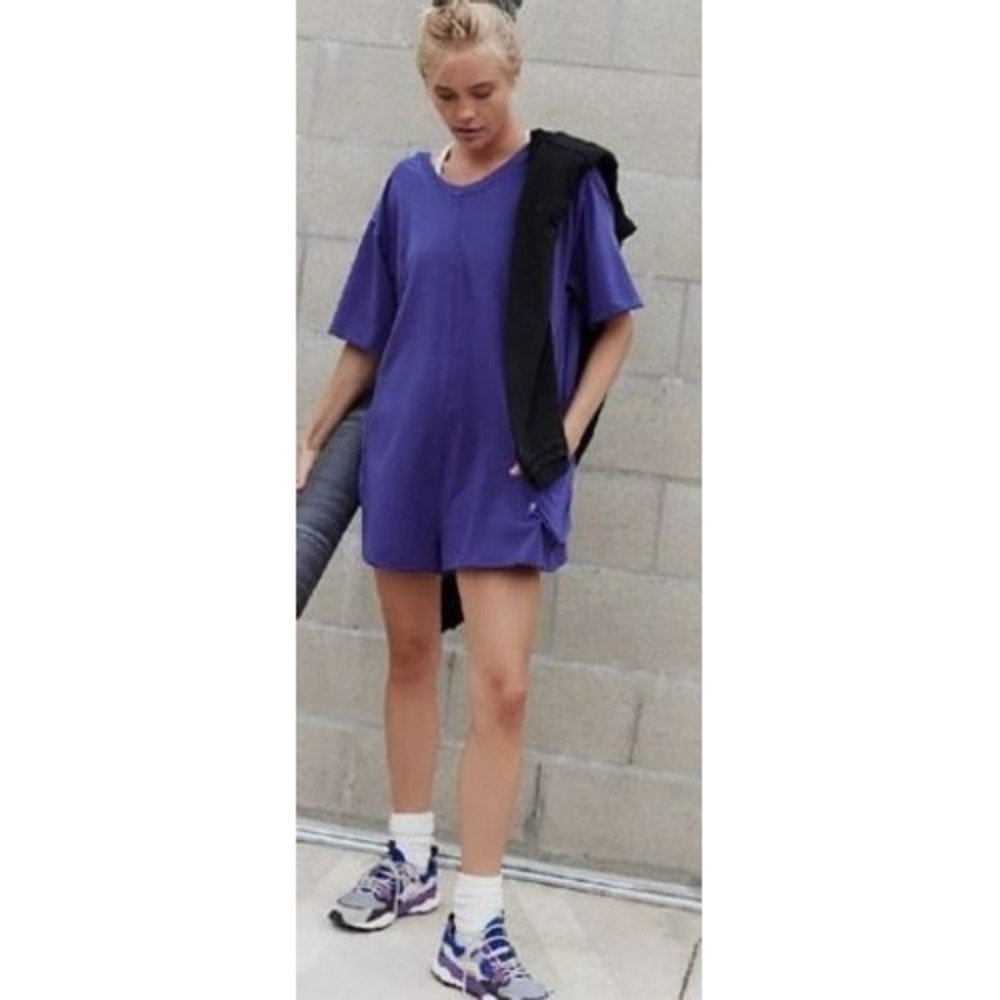 Free People Movement Size Small Tee Romper Purple Hot Shot Pockets Yoga Pockets